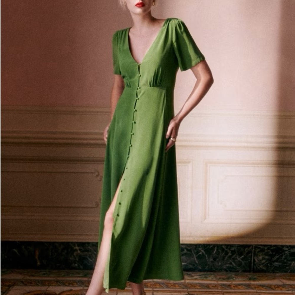 Sezane Solia Green V-Neck Silk Button-Down Maxi Dress